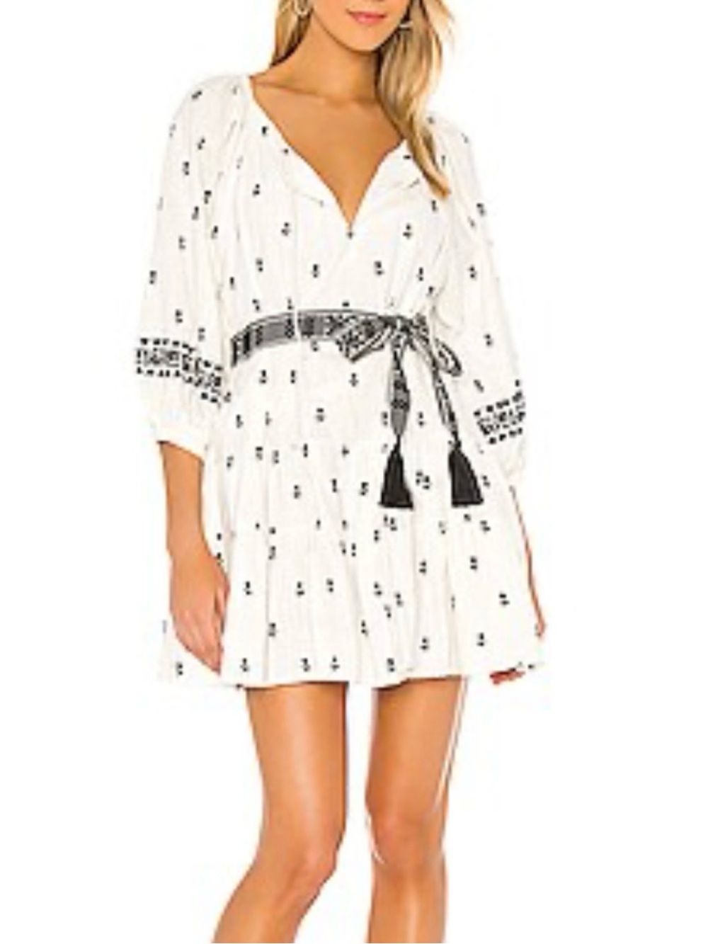 A Loves A Boho Embroidered White Mini Dress Tassel Belt Peasant SZ L EUC